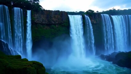 Series of tall waterfalls plunging from rocky cliffs into misty turquoise pool surrounded by lush vegetation and twilight sky. Nature and landscape concept
 - Powered by Adobe
