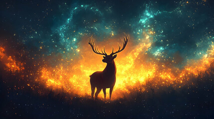 Silhouetted deer in a celestial landscape.