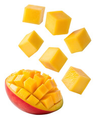 Falling mango cubes falling isolated on transparent background