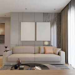 modern contemporary interior of apartment with neutral wall, beige sofa and two empty poster on the wall 3d illustration