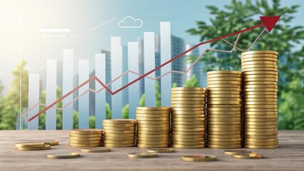 A stack of gold coins with a rising graph in the background symbolizes financial growth and investment success against a serene, green backdrop.