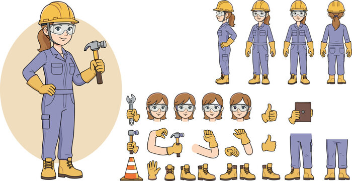 Technician worker wearing overall uniform, protective goggle holding hammer tool. Character for animation. Front, side and back view set