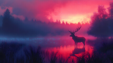 Majestic deer stands in a misty forest at sunrise.