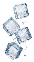 Four ice cubes falling with water droplets isolated on transparent background
