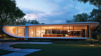 Modern Architectural Design: Curvaceous Glass House at Dusk