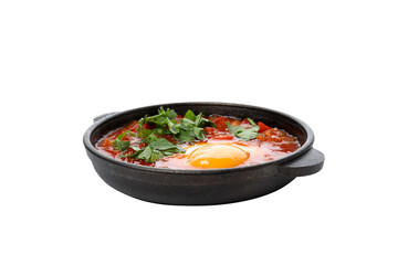PNG,Shakshuka in black bowls, isolated on white background