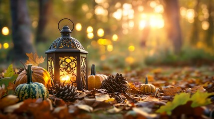 Autumn Lantern Decor with Pumpkins and Pine Cones in Nature