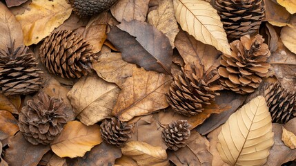 Brown Pine Cones and Dry Leaves on Ground in Autumn Landscape