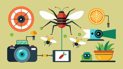 A set of digital s and cameras programmed to identify specific pests dispense bait or spray insecticides as soon as a pest is detected minimizing the risk of overusing pesticides.. Vector illustration