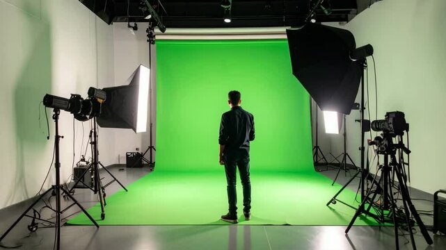 Man posing in a green screen studio environment for film and video production purposes today