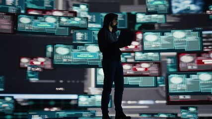 Conceptual representation of cyber crime with male hacker exploiting system vulnerability, using programming technique and surveillance to override digital defenses and leak information. Camera B. - Powered by Adobe