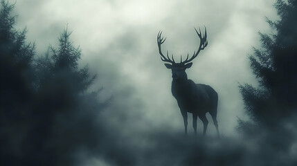 Majestic stag silhouette in a misty forest.