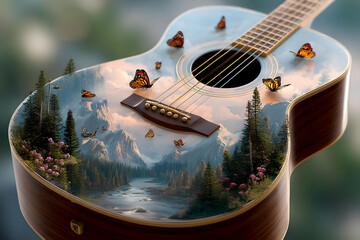 A beautifully painted acoustic guitar featuring a serene landscape with butterflies, combining art and music.