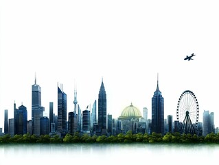 Urban skyline with modern skyscrapers, tree line, and airplane