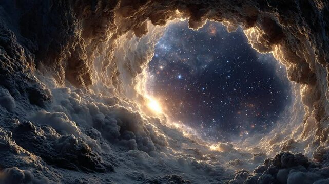 Celestial portal: Ethereal clouds framing a shimmering galaxy of stars and cosmic wonder