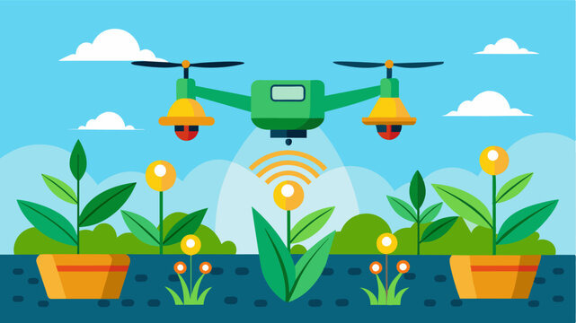 An illustration showcasing the use of drones for variable rate fertilization adjusting the application rate based on crop growth and soil conditions.. Vector illustration