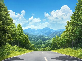 Serene Mountain Road Surrounded by Lush Green Trees and Blue Sky