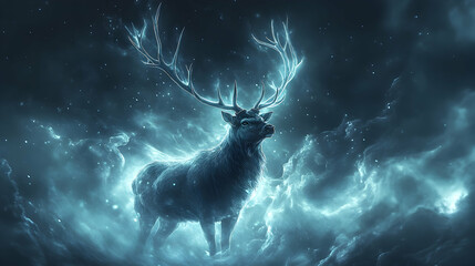Majestic deer with luminous antlers in a celestial nebula.