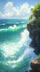 Majestic Ocean Waves Crashing Against Rocky Shoreline at Sunset