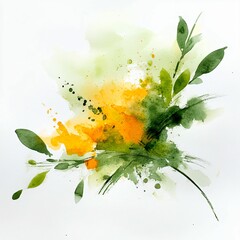 Vibrant Abstract Watercolor Art with Green Leaves and Yellow Hues