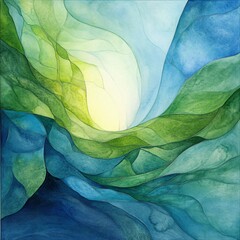 Abstract watercolor landscape with flowing shapes and soft colors