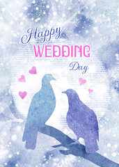 Spring Wedding party design with a pair of birds on a branch and pink hearts. Romantic banner for newlyweds with bird silhouettes in minimalist style and happy wedding day text