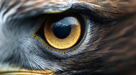 Close-up of a hawk's eye, showcasing intricate details and striking colors. Nature's beauty captured in sharp focus.