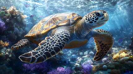Obraz premium Beautiful sea turtle gracefully swimming amidst vibrant coral reefs.