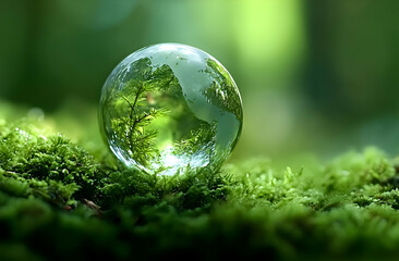 A reflective glass globe resting on vibrant green moss, symbolizing nature's beauty and harmony.