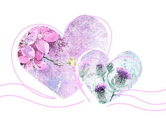 A pair of romantic watercolor hearts, unique creative design. Two hearts on a white background, elegant illustration, sticker in pastel colors