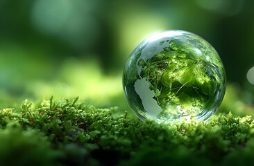 A crystal-clear globe resting on vibrant green moss, symbolizing nature's beauty and environmental preservation.