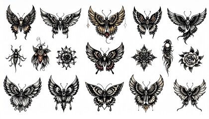 A series of small, stylized tattoos, each with a unique cartoon aesthetic, are arranged in a pleasing composition on a stark white background.