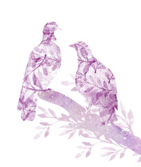 Abstract watercolor silhouettes of two birds on a branch, collage illustration on a white background. A pair of birds, friends, lovers, a figurative illustration. A romantic happy couple