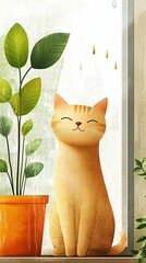 Happy Cat Near Potted Plant with Raindrops on Window Pane