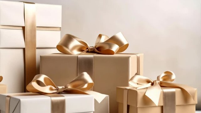 Elegant arrangement of assorted gift boxes wrapped in white and gold paper with satin ribbon bows, against a soft beige backdrop.
