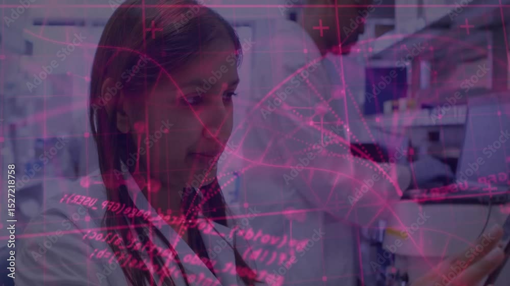 Poster scientists tapping tablet in lab activating network overlay while loading samples for research