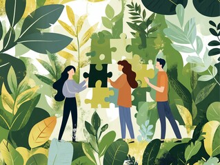 Team Collaboration Puzzle Piece Concept with Greenery Background