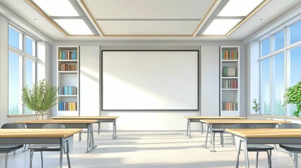 Modern Classroom Interior with Large Windows and Minimalist Design