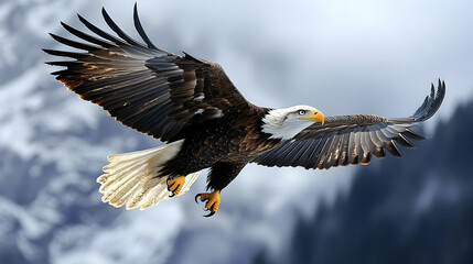 Fototapeta premium Majestic bald eagle soaring through the cloudy sky.