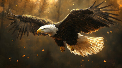 Majestic bald eagle soaring through a fiery forest.