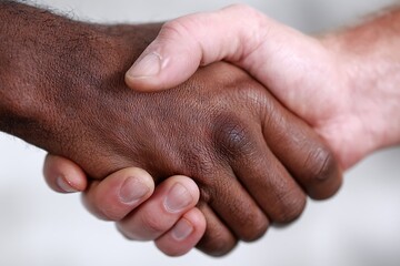 Fototapeta premium Close Up Of A White And Dark Skinned Handshake, Collaboration Agreement, Diverse Unity, Respect And Understanding