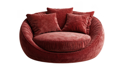 Luxurious Red Velvet Round Sofa with Cushions on a PNG transparent background