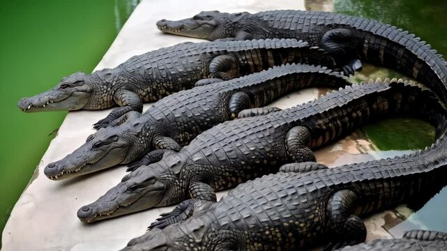 Group of Alligators Resting on Land, Close-Up View of Scales and Teeth, Wildlife Reptiles Near Water