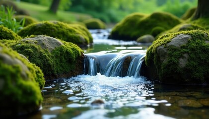 Crystal clear water tumbles over mossy rocks in vibrant garden , leaves, texture, waterfall