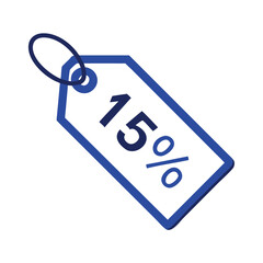 Blue tag with 15 percent discount isolated on white background