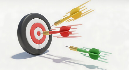 Bullseye target with multiple darts, one hitting the center, symbolizing goal achievement, marketing success, business strategy, and precision targeting.

