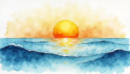 Watercolor painting of a sunrise over a sea