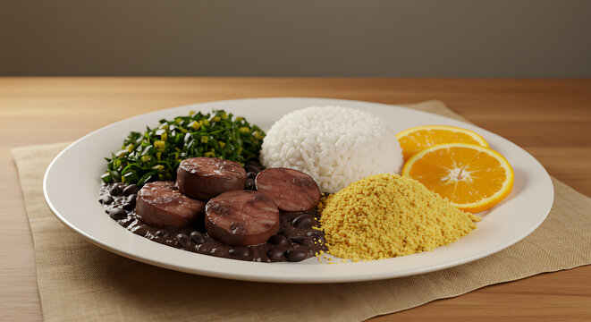 Brazilian Feijoada with Rice, Collard Greens, Farofa, and Orange Slices