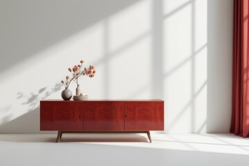 Minimalist Interior with Red Cabinet and Floral Arrangement