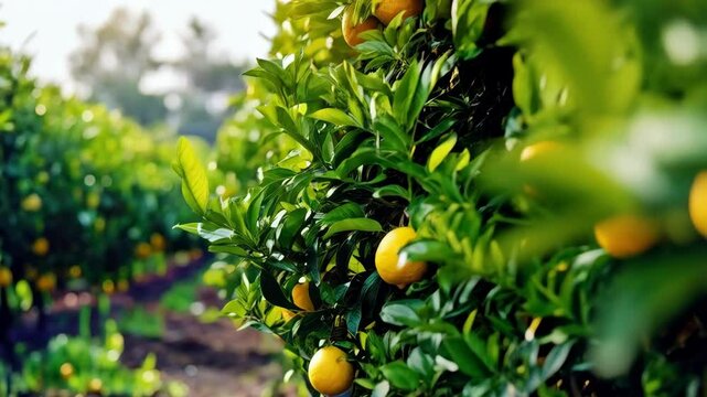 Rows of orange trees laden with ripe fruit basking in the golden sunlight in an orchard, promoting fresh harvests.
